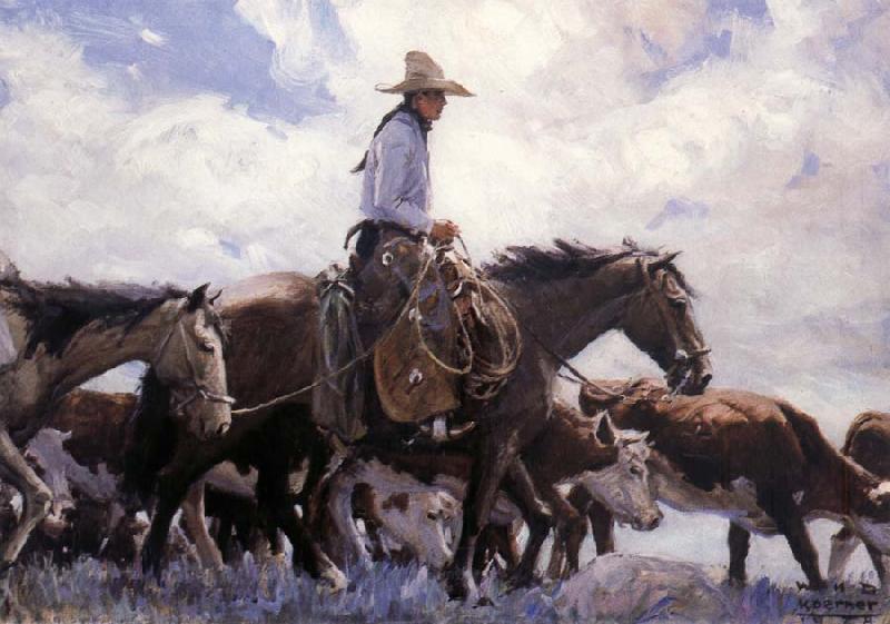 W.H.D. Koerner The Stood There Watching Him Move Across the Range,Leading His Pack Horse oil painting image